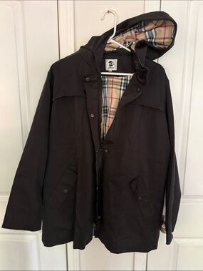 Woman’s Black Hooded Rain Coat with Plaid Lining